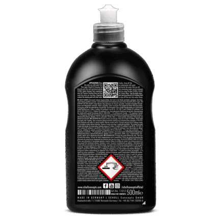 Schwarze Flasche mit Pflegeanweisungen