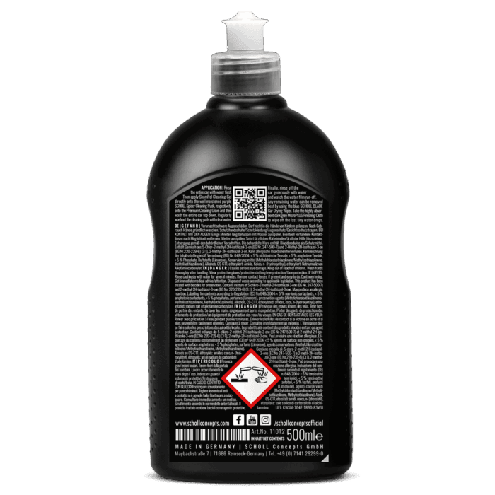 Schwarze Flasche mit Pflegeanweisungen