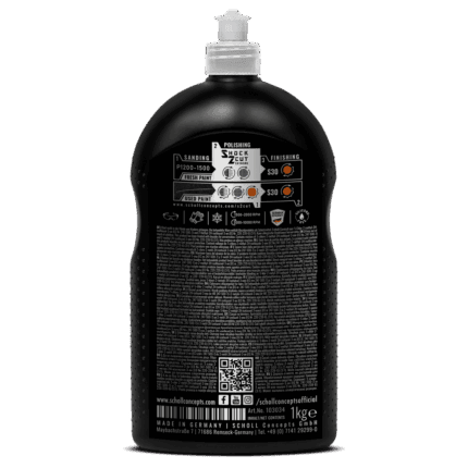 Schwarze Politurflasche mit Informationen.