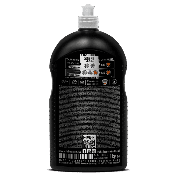 Schwarze Politurflasche mit Informationen.