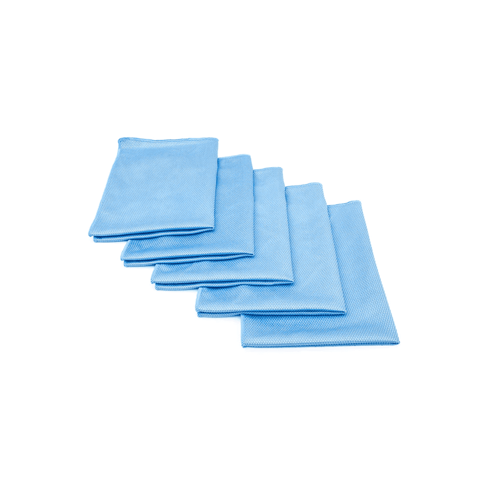 the-rag-company-diamond-glass-towel-mikrofasertuch-40x40cm-blau-6stk Sechs blaue Mikrofasertücher gestapelt.